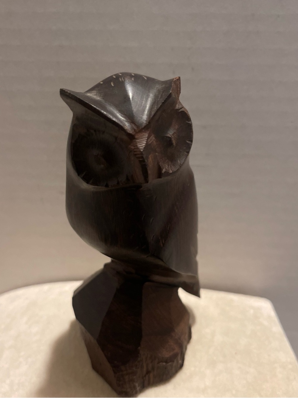 Vintage Hand-Carved Dark Brown Wooden Owl Sculpture - Mid Century